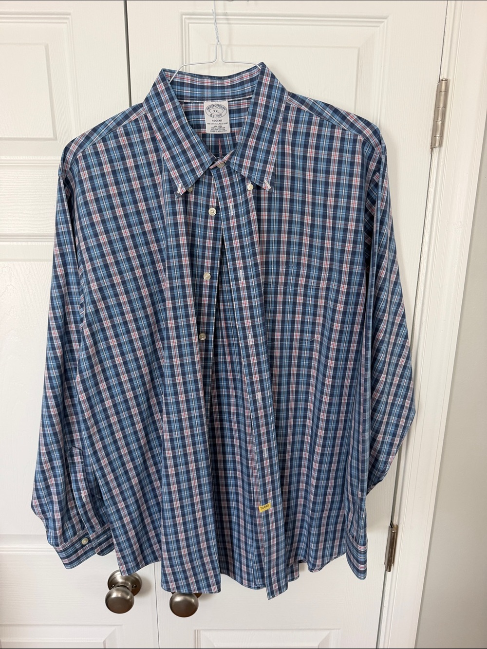 Brooks Brothers Blue Plaid Button-Down Shirt with Pink Accents